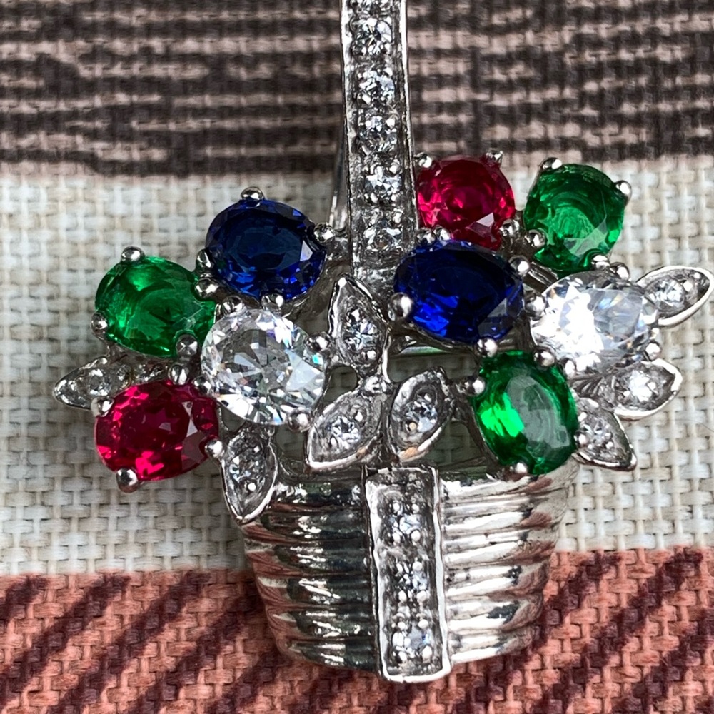 Silver Rhinestone Flower Basket Brooch